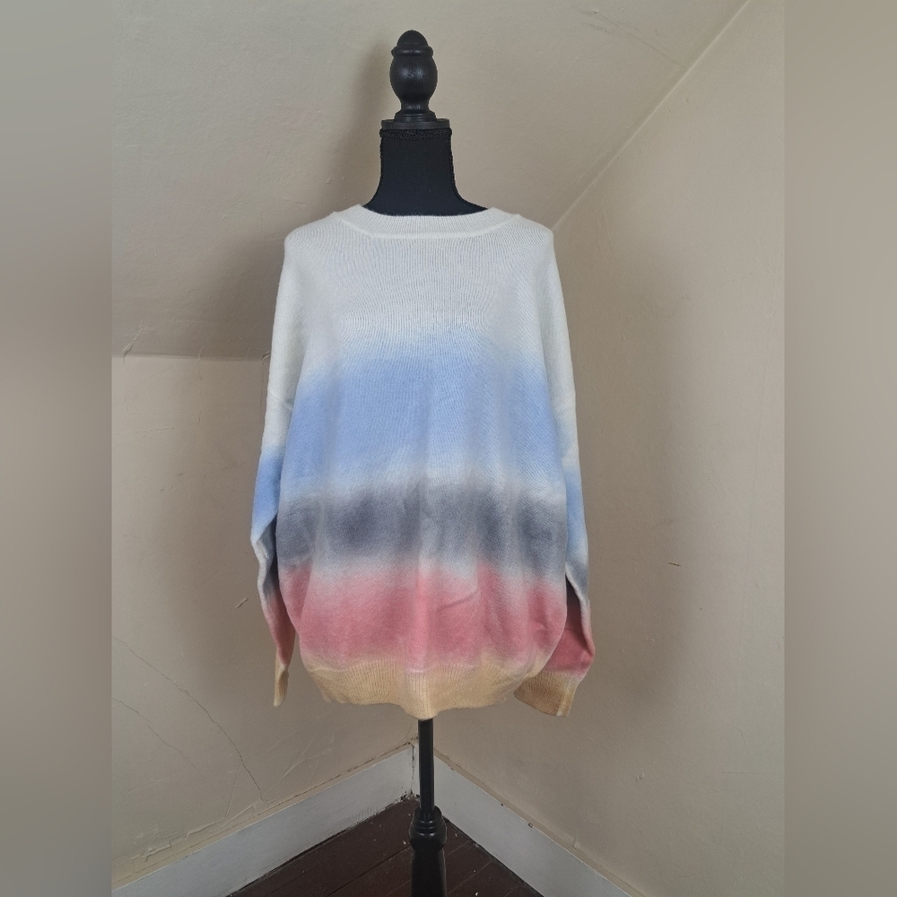 Ces Femme White Blue Gray‎ Pink Yellow Striped Pullover Crew Neck Sweater Size L
